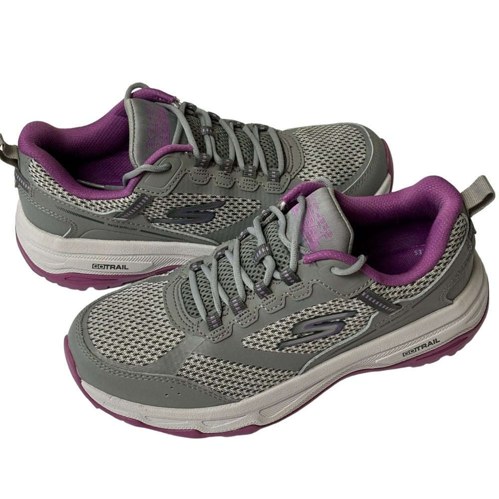 New Sketchers Leather Walking Sneakers Goga Mat Purple & Gray Lace Up Size 6 - Picture 3 of 10